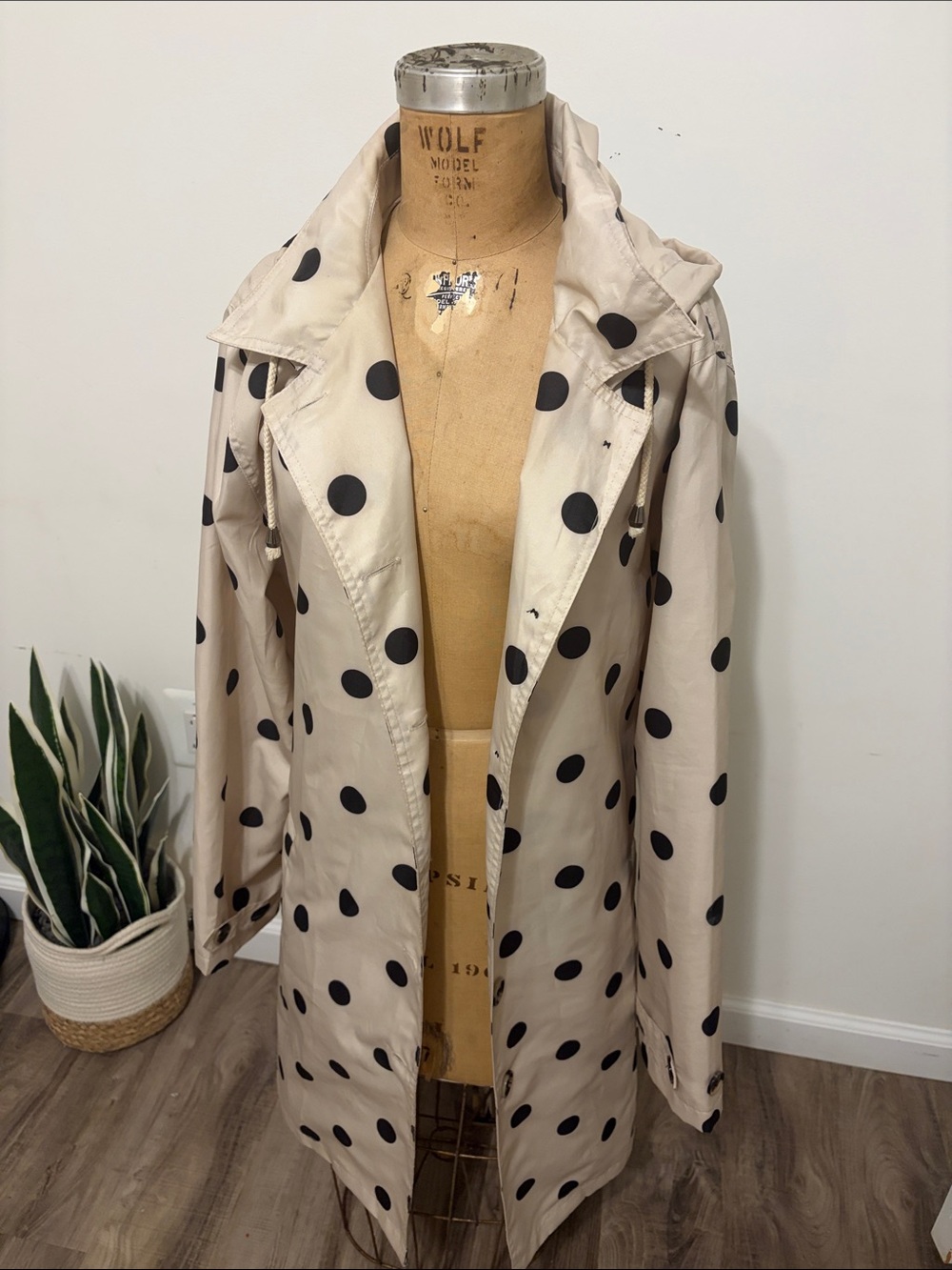 Polka Dot Beige Belted Rain/Trench Coat - Women's Light Jacket